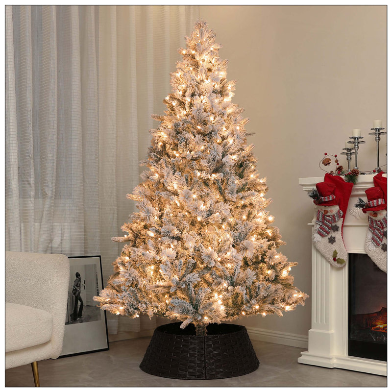 Arbre de Noël artificiel pré-éclairé avec 500 lumières claires et 1530 pointes, arbre de Noël enneigé avec base en métal, arbre de Noël à charnières pour les fêtes à la maison
