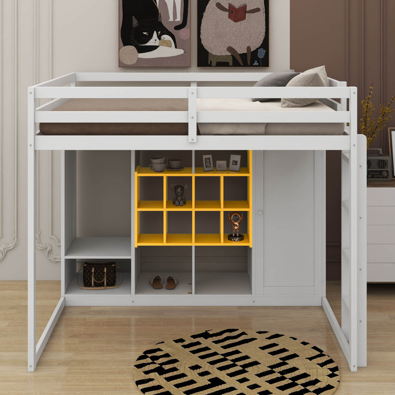 Lit mezzanine simple en bois avec garde-robe, tablettes et armoire, Blanc / jaune, Simple