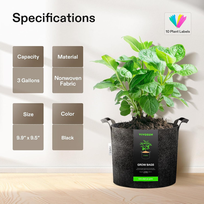 Heavy Duty Thickened Plant Grow Bags, 10" H x 10" L x 10" D