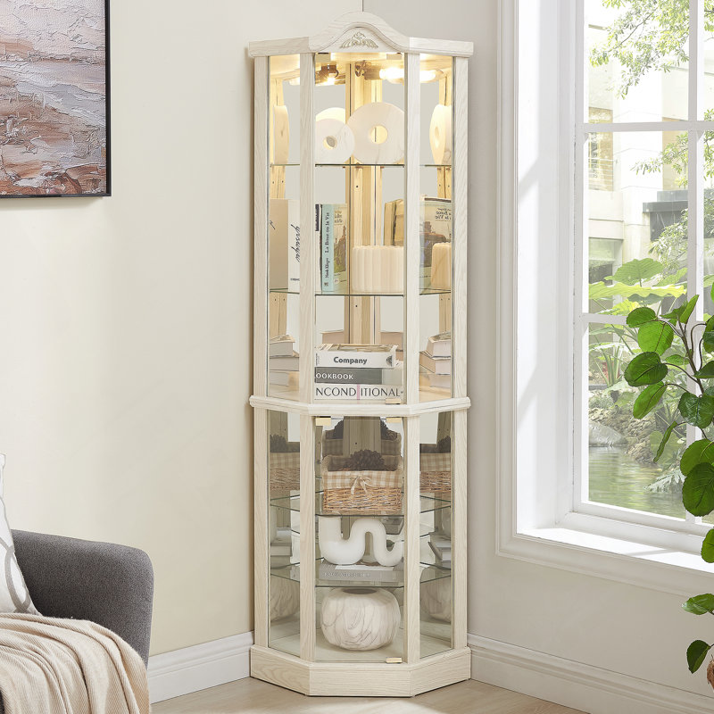 Lighted Corner Glass Display Cabinet With Adjustable Shelves And Carved Decoration, Ideal For Showcasing Precious Collectibles