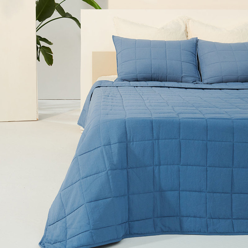 Polyester Plaid Quilt, King Quilt + 2 King Shams, Steel Blue