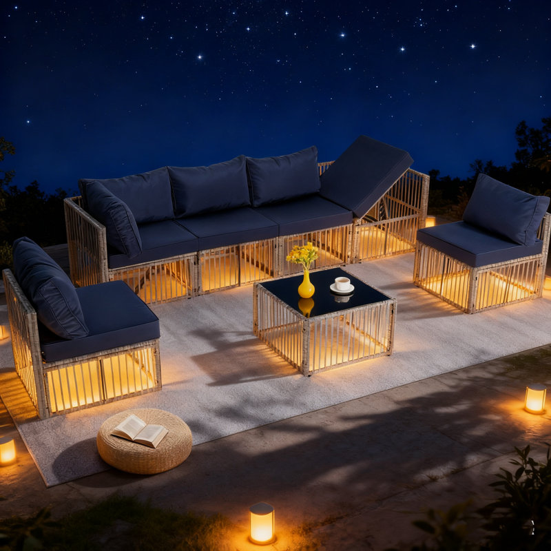 7 Piece Patio Conversation Set with Coffee Table and Cushions, Callye, Gray, Green