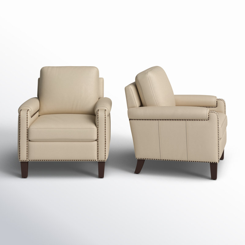 Pascarella 31.5" W Transitional Genuine Leather Club Chair with Solid Wood Legs, Beige