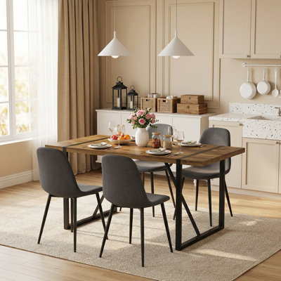 5-Piece Modern Rectangular Wood Dining Set with Geometric Metal Base and Upholstered Chairs