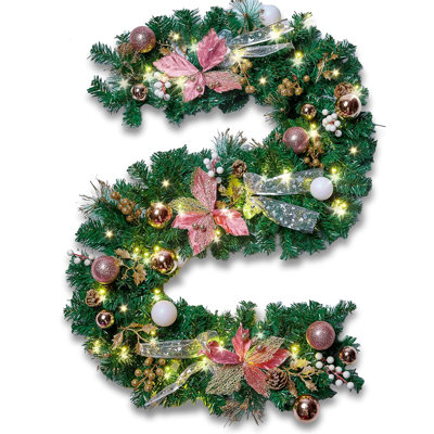 Pre-Lit 6ft Christmas Garland with Ball Ornaments, Snowflake, Flowers, Silver Leaves, Bows and 50 LED Lights for Indoor Outdoor Xmas Holiday Decor, Battery Operated