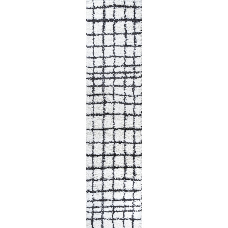 Arenal Geometric Grid Shag White/Gray Rug, Runner 2' x 10'