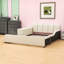 Lit plateforme tapissier luxueux en velours avec bureau, tabouret rond et rails de sécurité-660875396-660875417