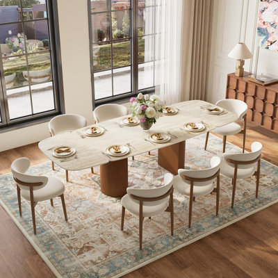 63 To 94.5-Inch Extendable Dining Table For 4-8, Kitchen Table With Sintered Stone Tabletop And Fluted Wood Base For Family Living Room Space Saving