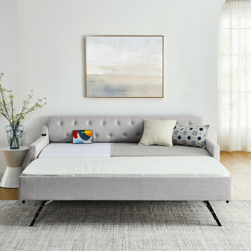 Twin Size Upholstery Daybed With Twin Size Erectable Trundle And USB Charging Design, Linen Beige, Beige
