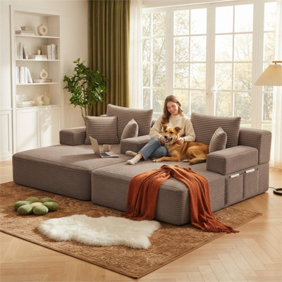 Oversized Double Plush Corduroy Chaise Lounge Sofa Bed, Convertible Sleeper Couch with Storage Pockets & 3 Pillows (Available in 13 Colors)