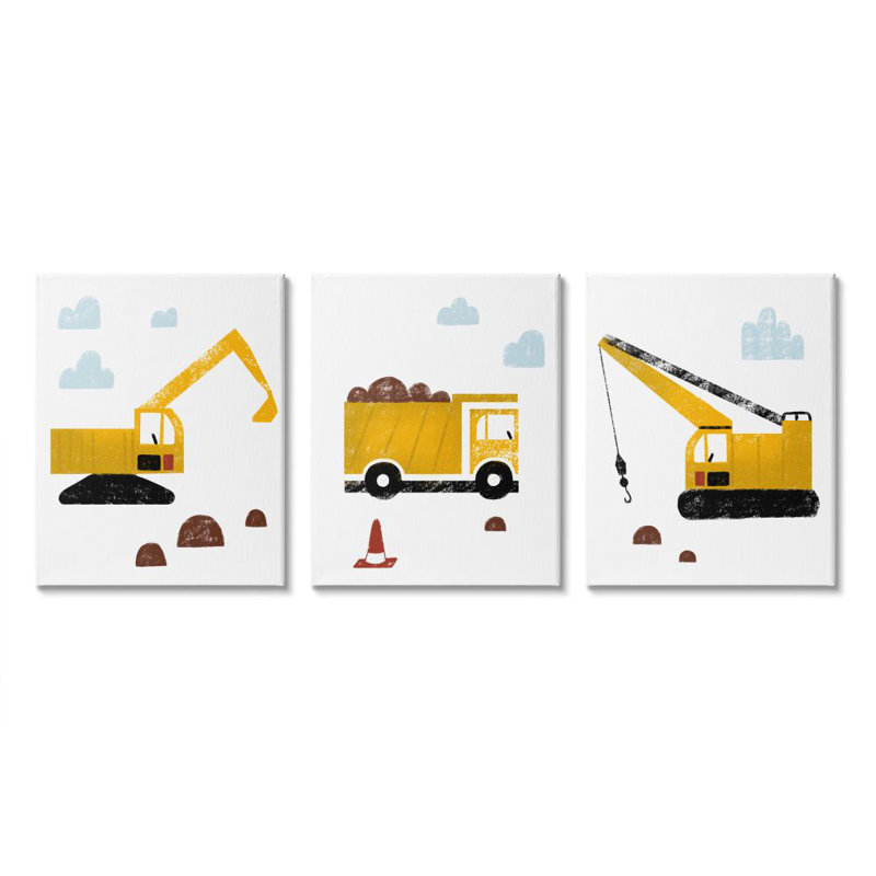 Illustration de camions de construction avec stylisation au crayon par Daphne Polselli - ensemble de 3 impressions sur bois