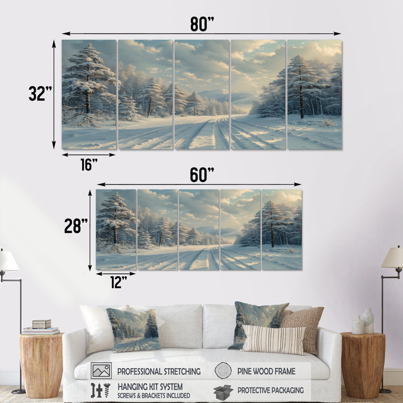 «White Grey Winter Road Into Forest II - Winter Landscape», ensemble d'art sur toile, H 28 po x l 60 po