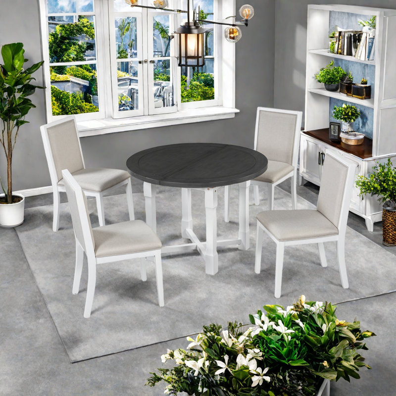 Ensemble de table de salle à manger extensible 5 pièces pour 4 personnes, table de salle à manger ronde pour 4 personnes avec chaises rembourrées, ensemble de table de cuisine de ferme avec rallonge amovible pour la salle à manger et la cuisine