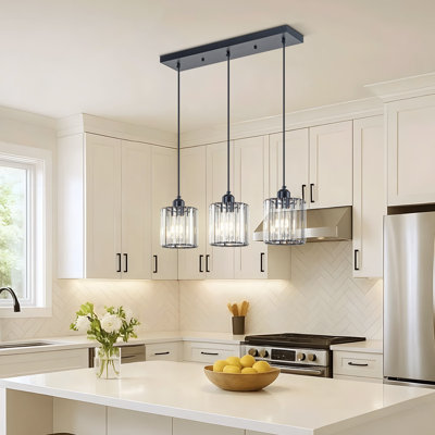 Matte Black 3-Light Clear Crystal Pendant Light For Kitchen Island