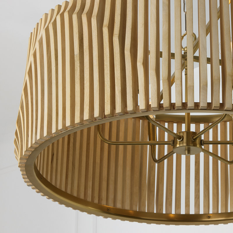 32.25" W x 14.5" H 6-Light Pendant in Matte Brass and Handcrafted Blonde Mango Wood, 32.25"W x 14.5"H