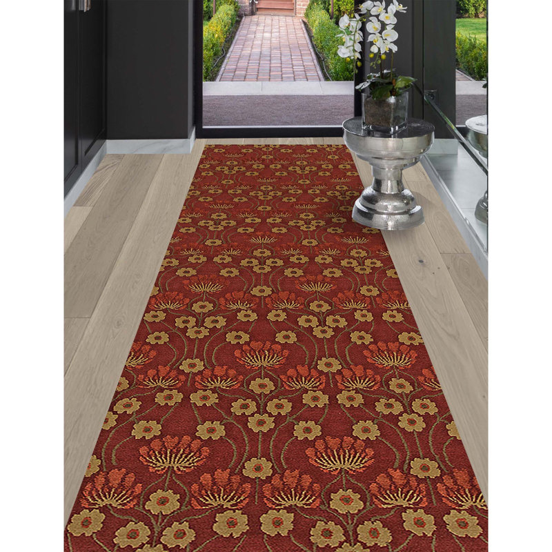 Tapis floral rouge / beige en soie / laine noué à la main Floral, Tapis de couloir 3 pi x 8 pi
