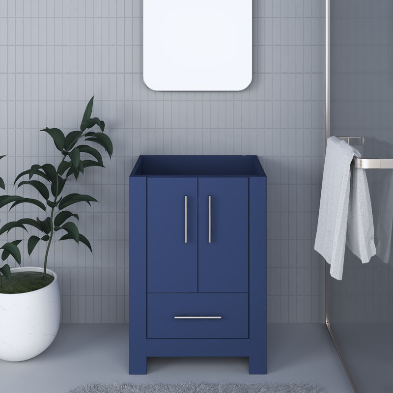 Meuble-lavabo moderne 24 po noir brillant avec poignées rondes en nickel brossé Boston, Bleu marine