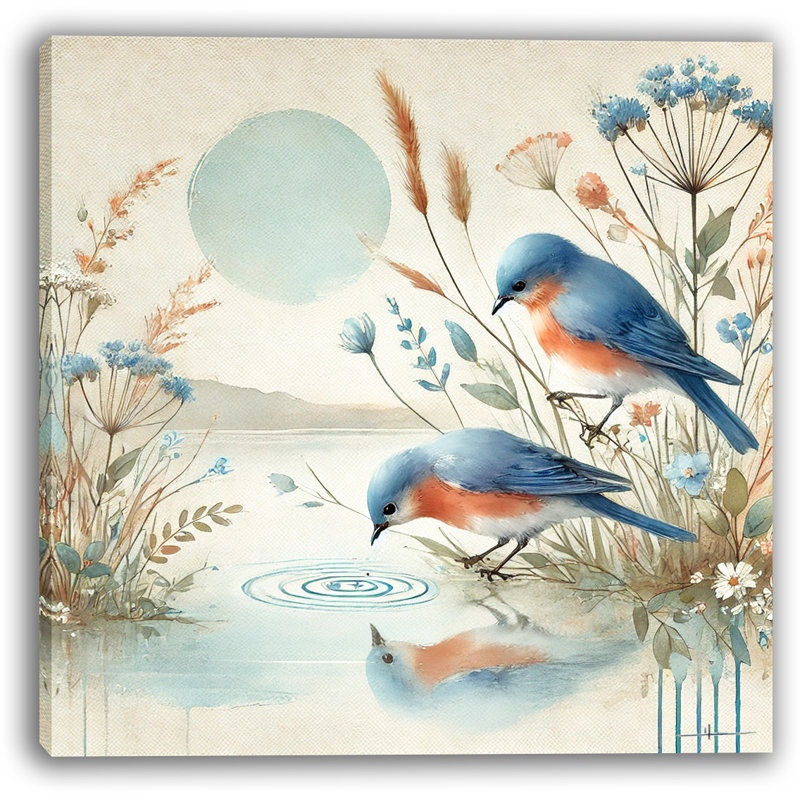 Reproduction d'art sur toile "Reflection Harmony - Bluebirds by the Lake", H 12 po x l 12 po x P 1 po