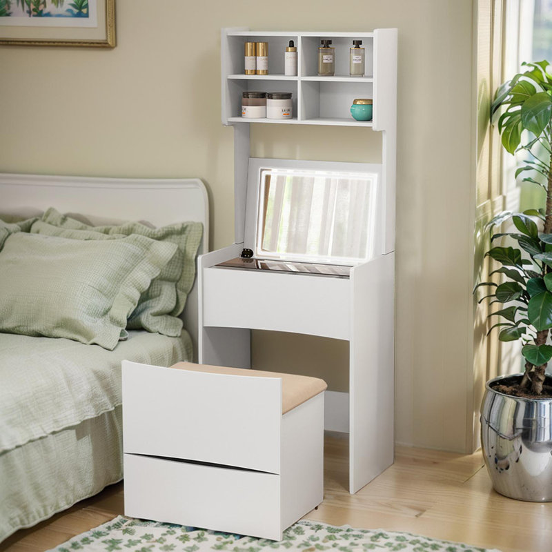 Makeup Vanity Dressing Table with Removable Upholstered Stool, White