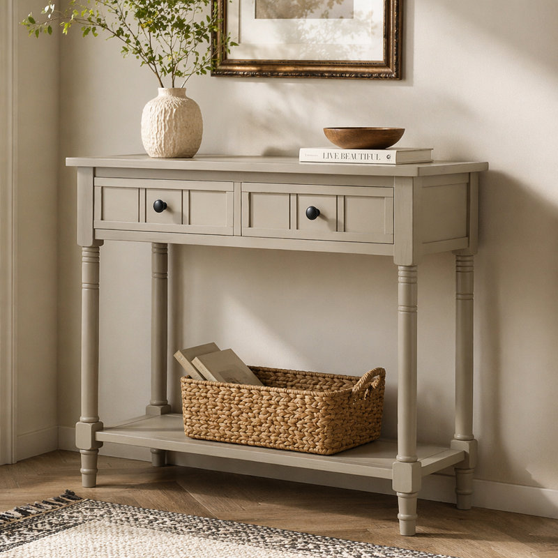 Console Daisy Series avec deux tiroirs et tablette inférieure, 30.25" H x 35.43" W x 13.8" D, Grey / Antique Grey, Grey