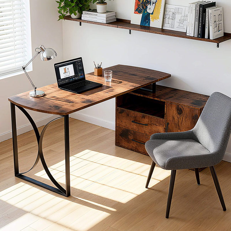 Bureau d'écriture en L, bureau d'ordinateur avec tiroir et armoire en L, Brun / Noir