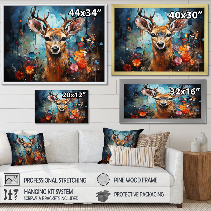 Art mural sur toile, "Deer Graceful Fawn Collage II", H 12 po x l 20 po x P 1 po, Cadre flottant doré