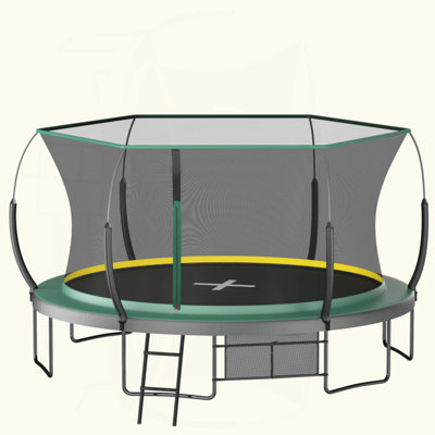 14FT Springfree No Gap Trampoline with Enclosure Net, Fiberglass Poles & Bungee Cords, Outdoor Recreational Trampoline with Ladder and Shoe Bag