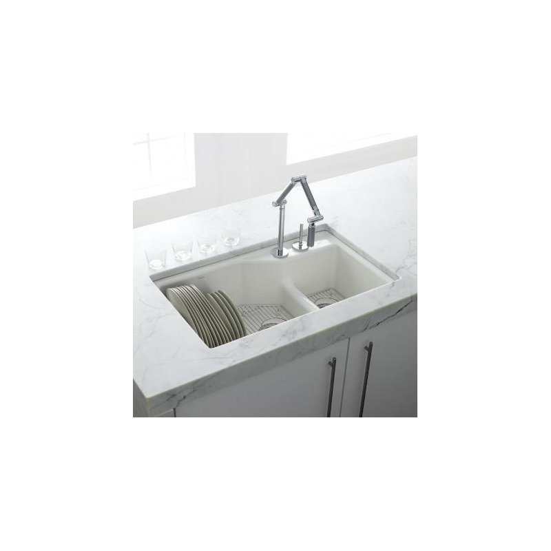 Indio® 33" L x 21.125" W Double Basin Undermount Kitchen Sink with Accessories, Caviar, 3 hole