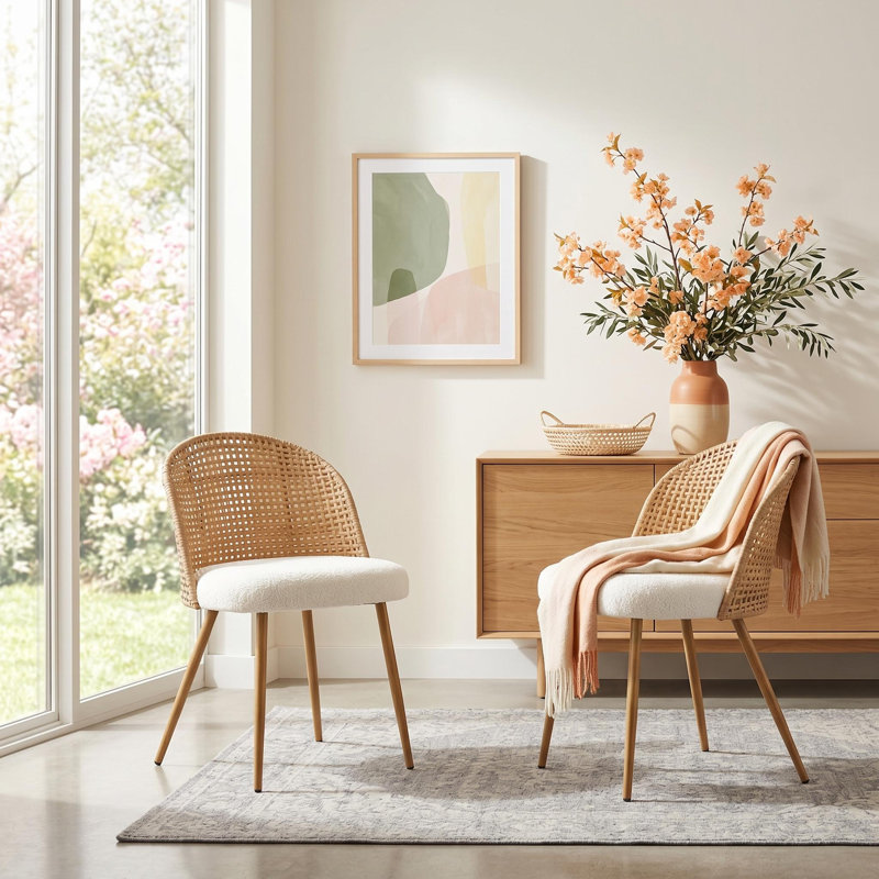 Modern Boho Brown Rattan Back Upholstered Dining Chairs Set of 2, 2