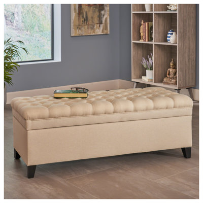 Beige Fabric Storage Ottoman Bench with Button-Tufted Diamond Stitching - Multifunctional Living Room Storage Solution