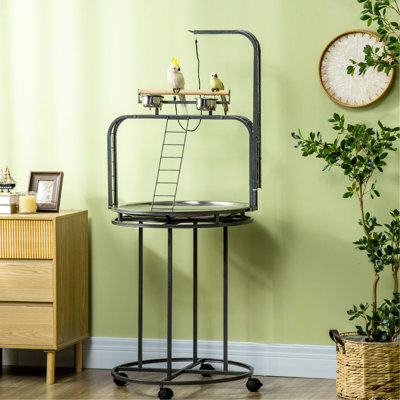 Parrot Perch Stand With 3 Ladders & Hook, Grey. Ideal For Parrots, , , Parakeets, . Easy To Clean And Shift. 25.2"w X 63"h 27.2"l Large Bird Stable Steel Construction , Similar Sized Birds. Simple