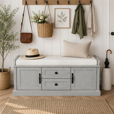 Banc de rangement TREXM avec 2 tiroirs et 2 placards, banc à chaussures avec coussin amovible pour salon, entrée