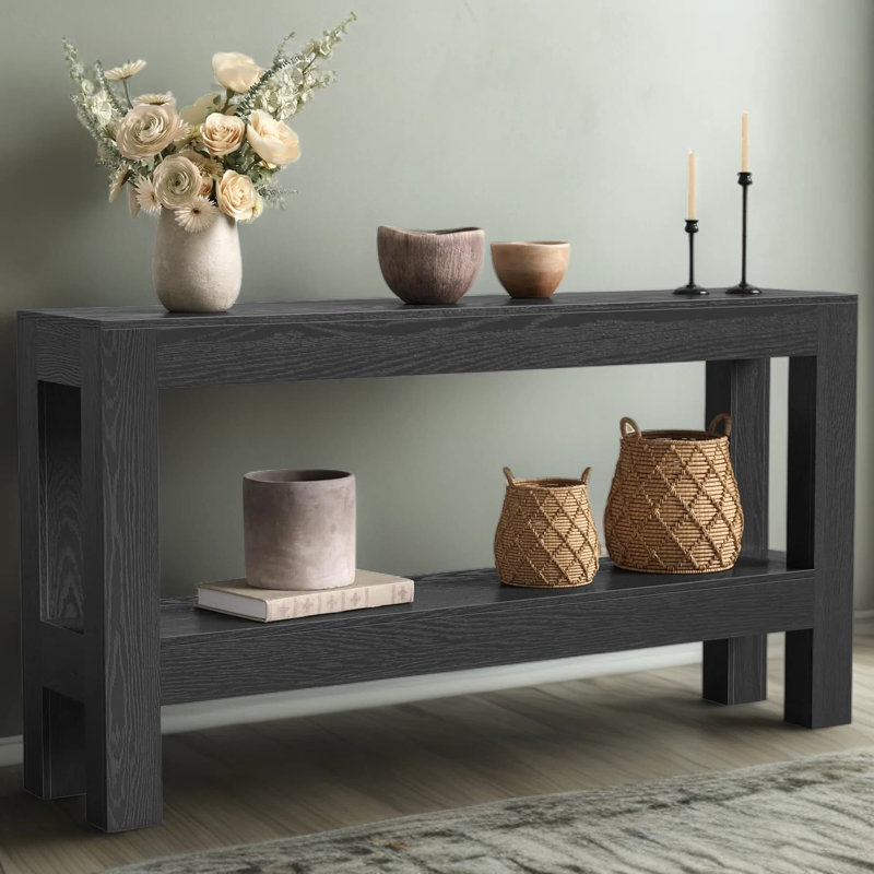 Console moderne de 63 pouces avec tablettes de rangement à 2 niveaux, longue table d'entrée étroite pour le salon, le couloir, le canapé derrière, le vestibule et l'entrée
