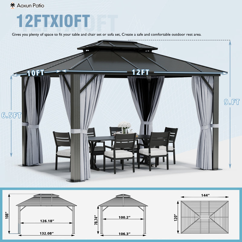 Abri de jardin pour patio en métal en aluminium mesurant l 12 pi x P 10 pi