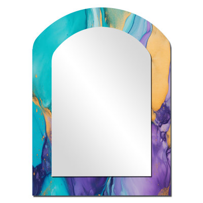 Kleinman Turquoise and Purple Liquid Art I - Fractals Arch Unique Wall Mirror, Modern Asymmetrical Mirror, Printed Metal Art