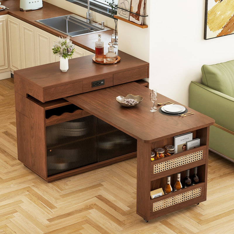 Îlot de cuisine 47 po avec table de salle à manger extensible de 55 po pour 2 à 4 personnes, avec espace de rangement et sièges