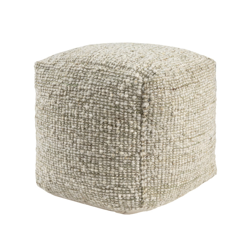 Savanna 18" W Square Hand-Woven Wool Blend Pouf Ottoman , Green/Ivory