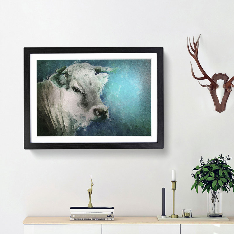 Cow in the Meadow with Blue Light - Picture Frame Painting Print, 36cm H x 48cm W x 2cm D, Black Framed