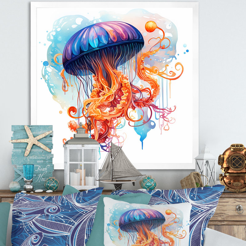 Orange et méduse bleue Jive III - art mural méduse, Silver Picture Framed, H 30 po x l 30 po x P 1,5 po