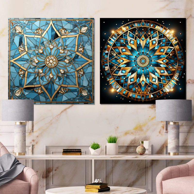 Mandala I bleu et or - Impressions métalliques carrées, ensemble de 2, H 23 po x l 46 po