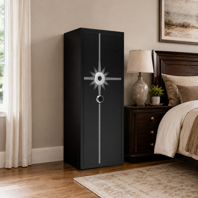 Coffre-fort biométrique Bizoe pour armes à feu, armoire forte de 145 cm (57 pouces) avec serrure à code par empreinte digitale, 2 clés de secours, capacité de 8 armes, étagères et supports d'armes réglables, coffre-fort supérieur à clé, 4 étuis pour pistolet, éclairage à détecteur de mouvement, noir