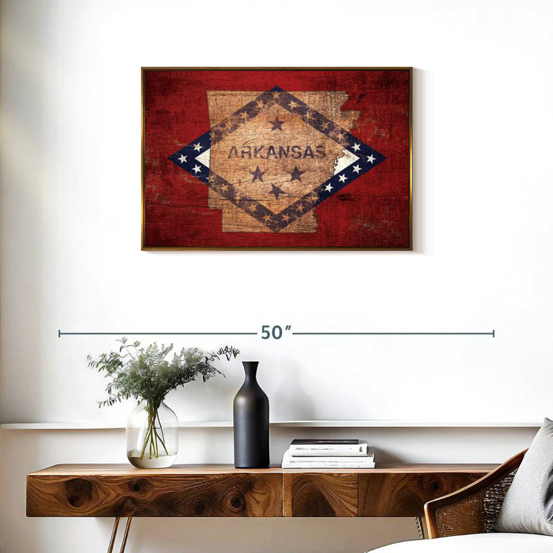 Carte d'État sur le drapeau de l'Arkansas, Cadre flottant doré, 31 po x 21 po