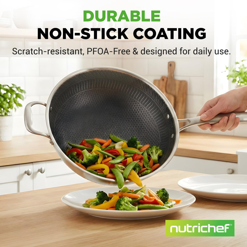 NutriChef Nutrichef 12'' Non-Stick Stainless Steel Wok with Lid