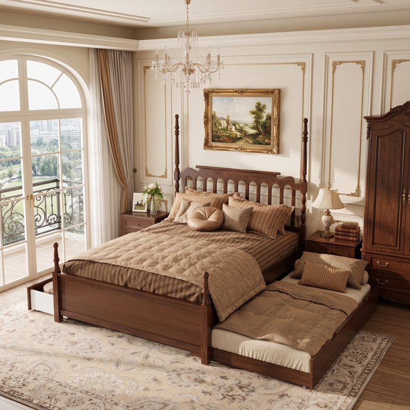 Structure de lit en bois Granborough avec lit gigogne escamotable et 2 tiroirs de rangement, tête de lit Classic, Noyer