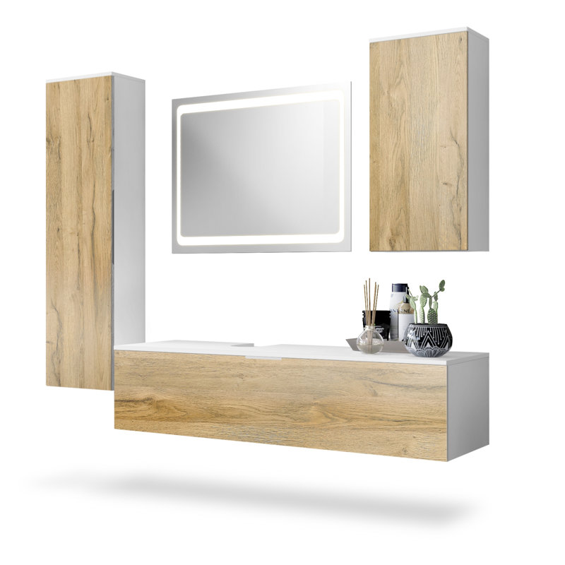 Aariyona 4-Piece Bathroom Furniture Suite, Natural Oak, Features a mirror