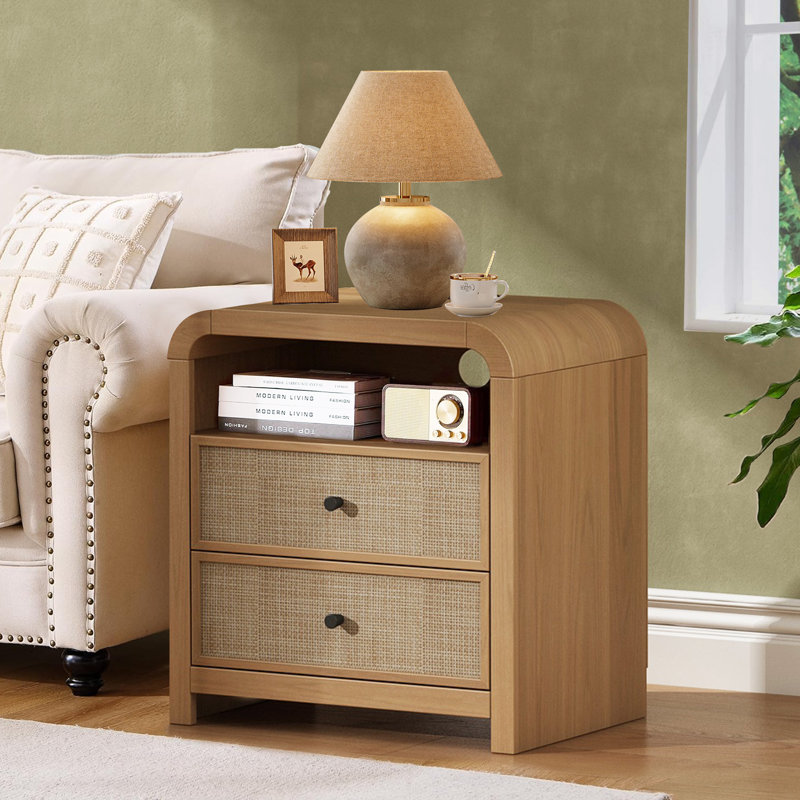 Cevat 23.6'' Rattan End Table with Ample Storage, Boho Nightstand with Charging Station, Brown