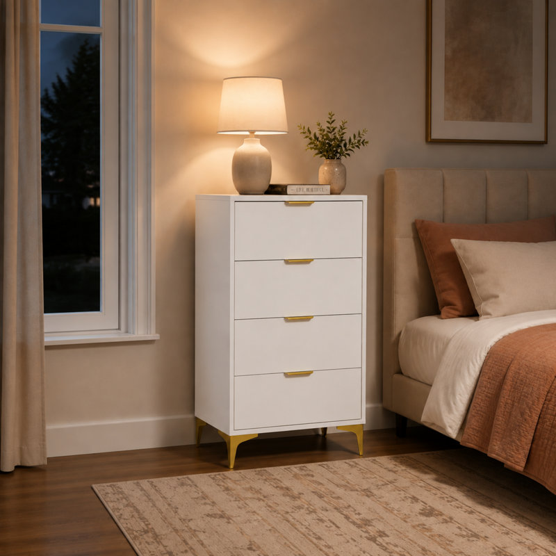 Commode 4 tiroirs pour la chambre à coucher, unité de rangement pour armoire de rangement, commode - blanc, Blanc