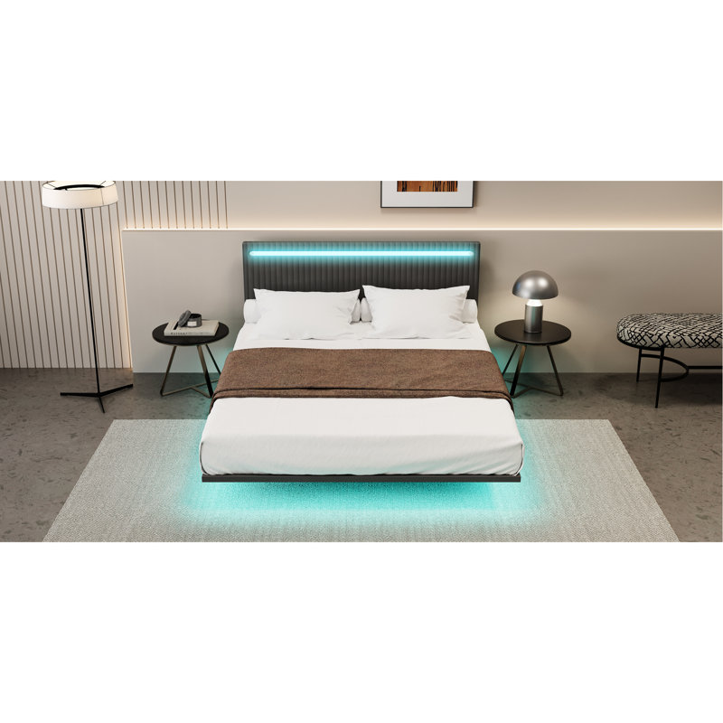 Lit flottant avec velours gris, sans sommier, 21,75 po Largeur de l'emballage de style moderne 79,66, Lit double, Gris