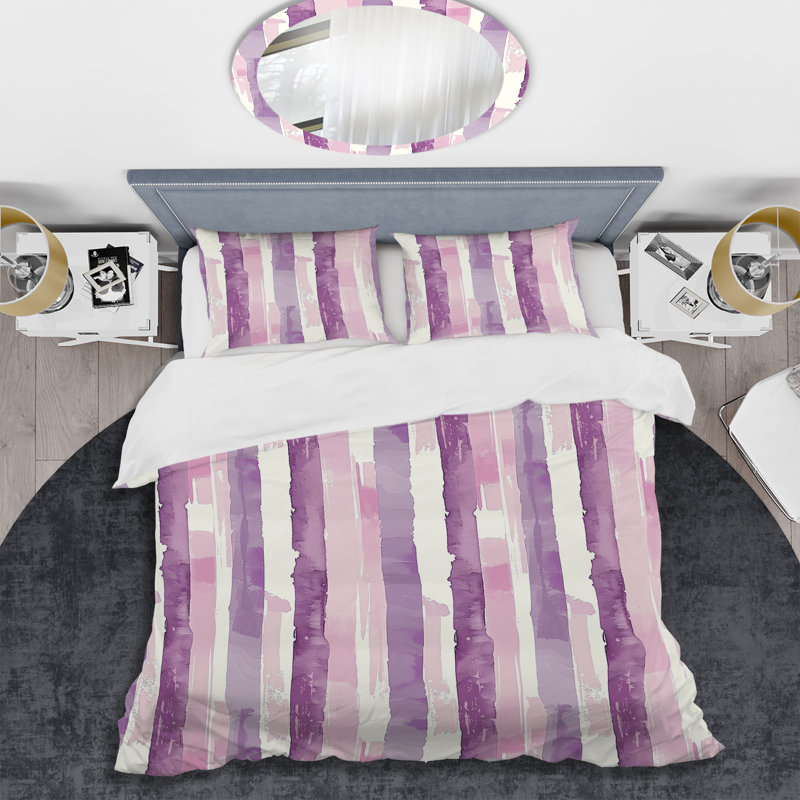 Purple White Pinstripe I - Transitional Duvet Cover Set, King Duvet Cover + 2 King Shams
