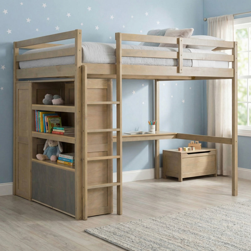 Lit mezzanine double en bois massif avec garde-robe intégrée, bureau, tablettes de rangement et tiroirs pour la chambre à coucher